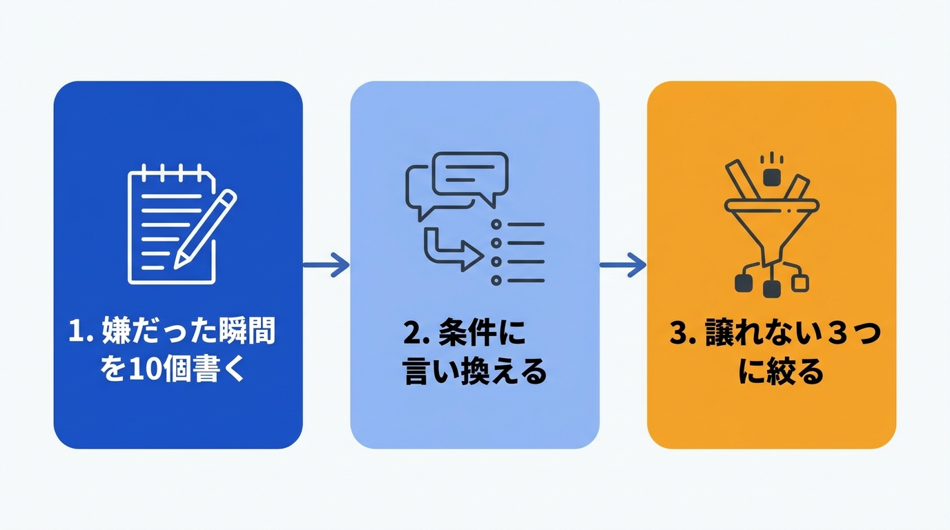 避けたいことリストを作る3ステップを示した図解