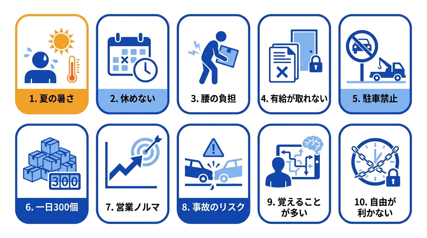 宅配ドライバーがきついと感じる主な理由を示した図解