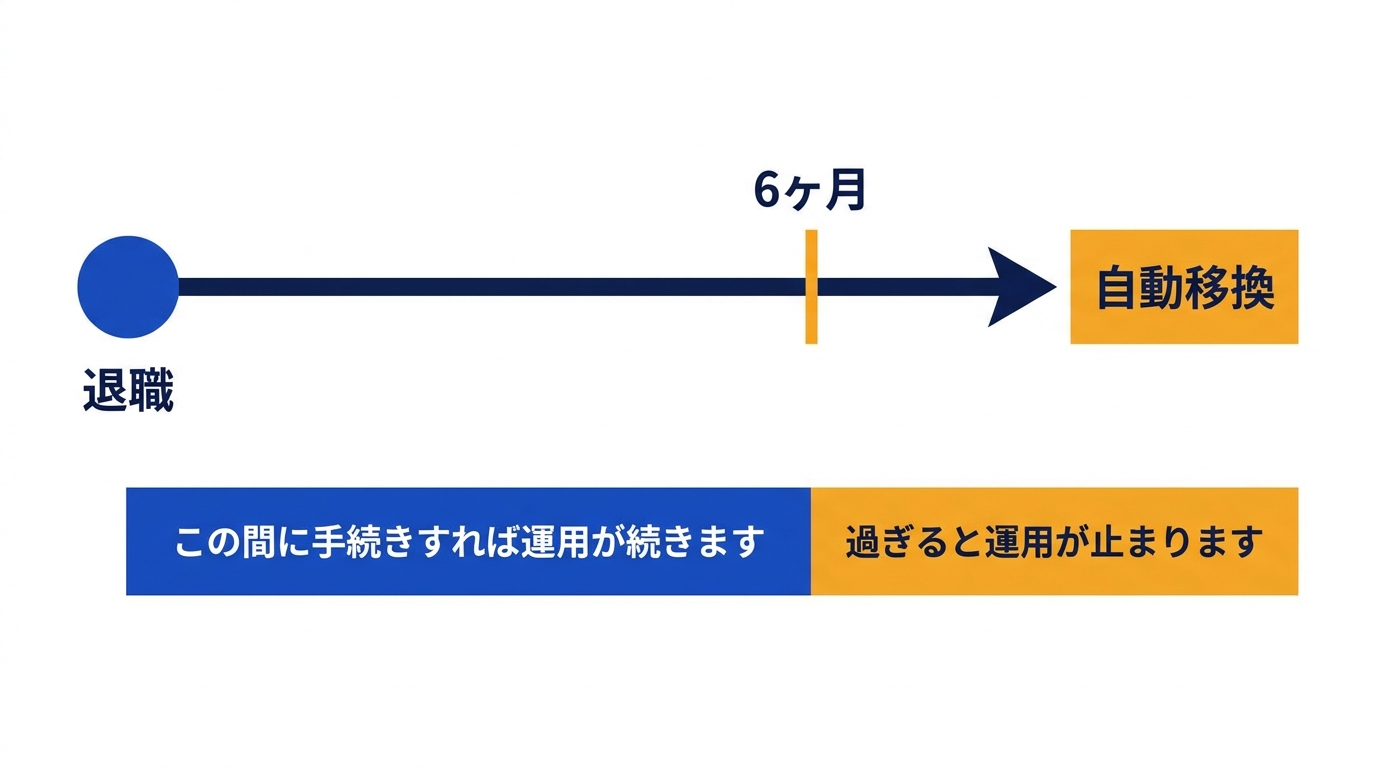 企業型確定拠出年金の退職後6ヶ月の期限と自動移換を示した図解