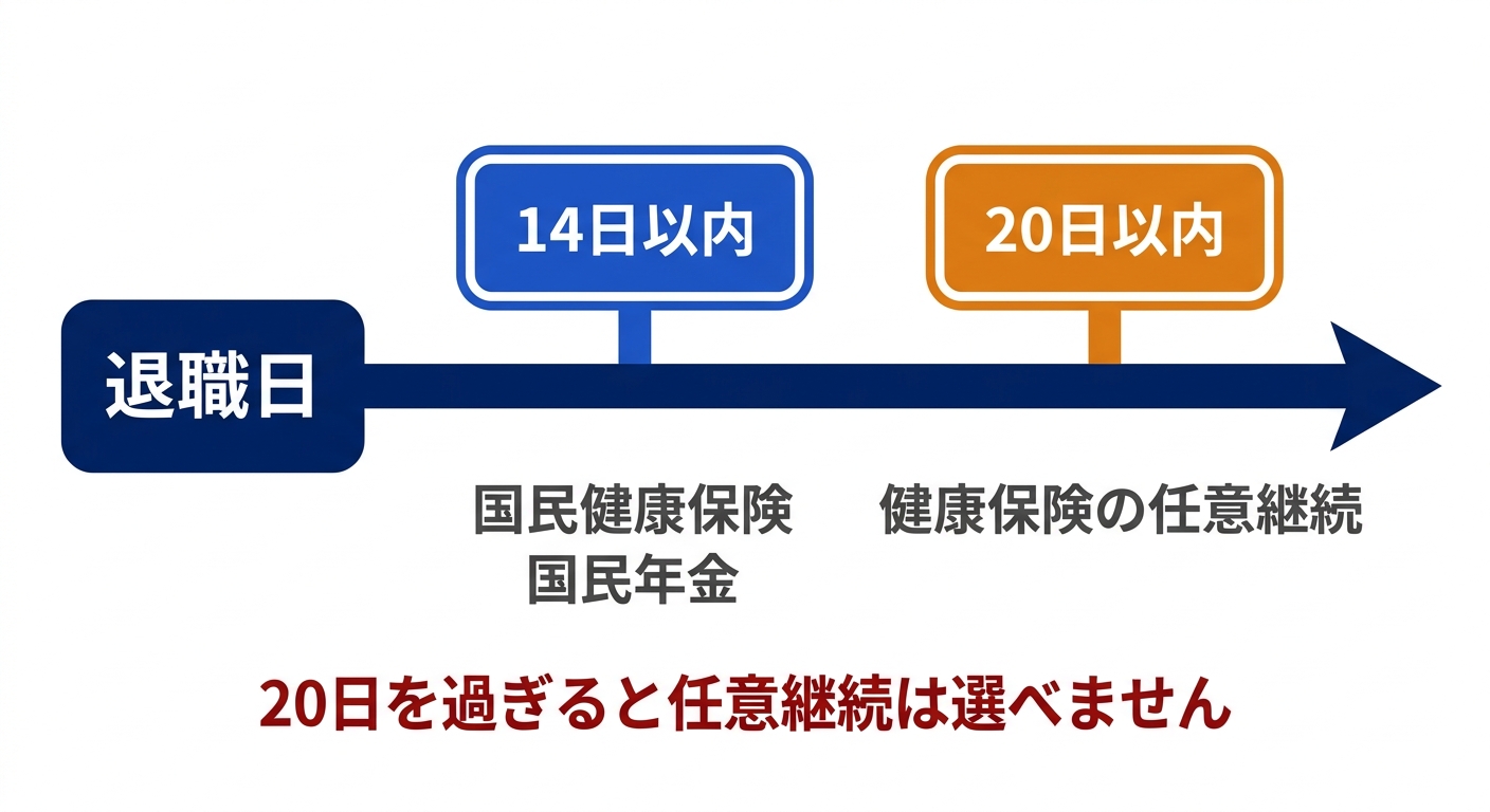 退職後の健康保険と年金の切り替え期限を示した図解
