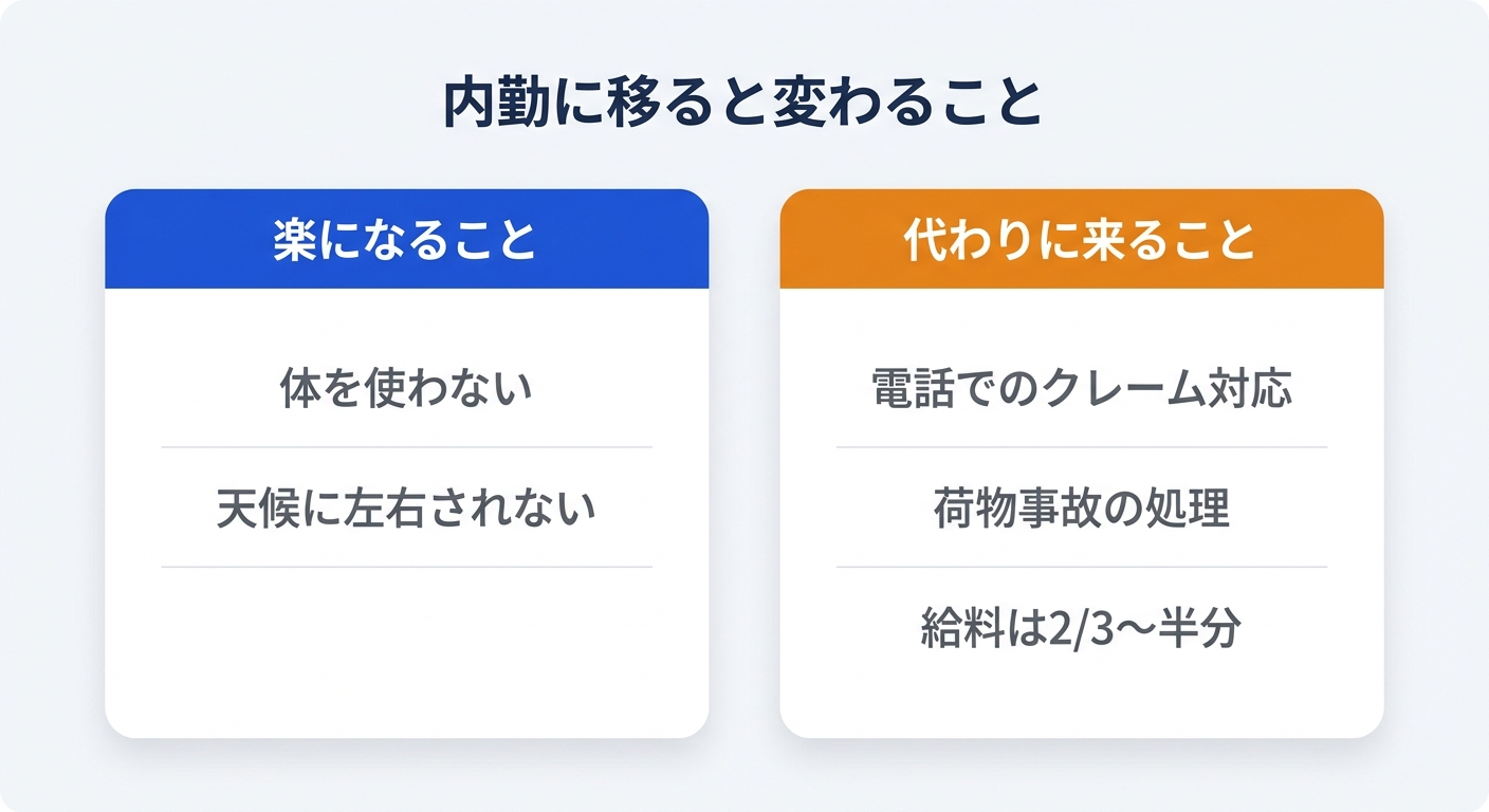 運送業界で内勤に異動したときに変わることを整理した図解