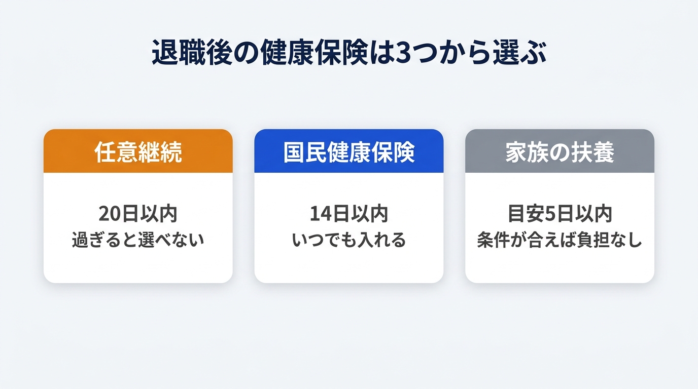 退職後の健康保険3つの選択肢と手続き期限を整理した図解