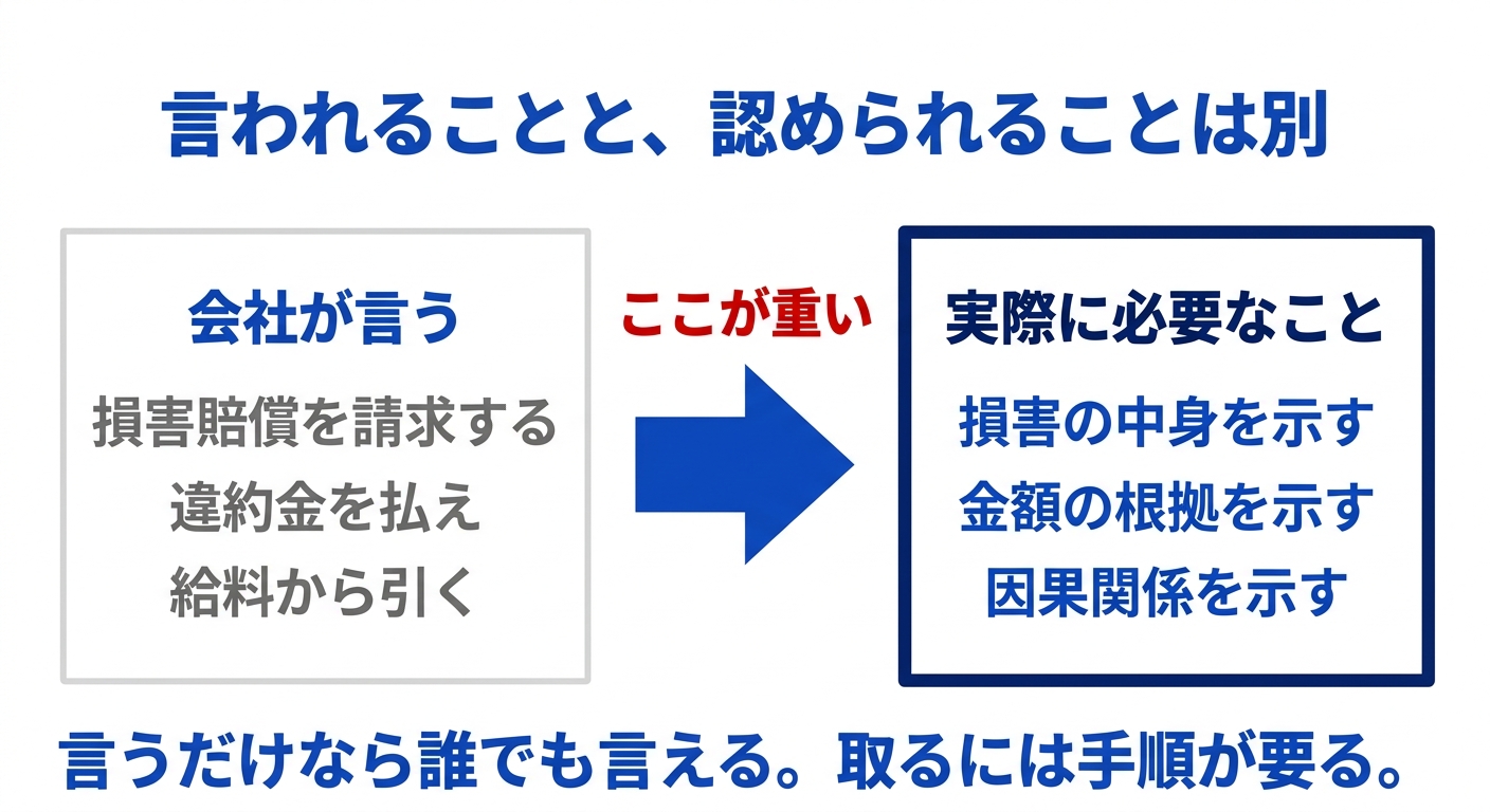 退職時に損害賠償と言われたときの、言葉と実際の扱いの違いを整理した図解