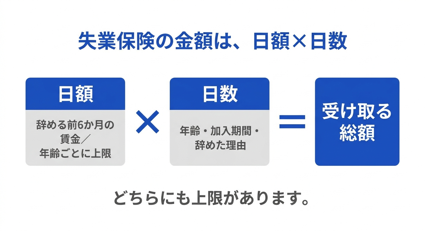 失業保険の金額が日額と日数の掛け算で決まることを示した図解