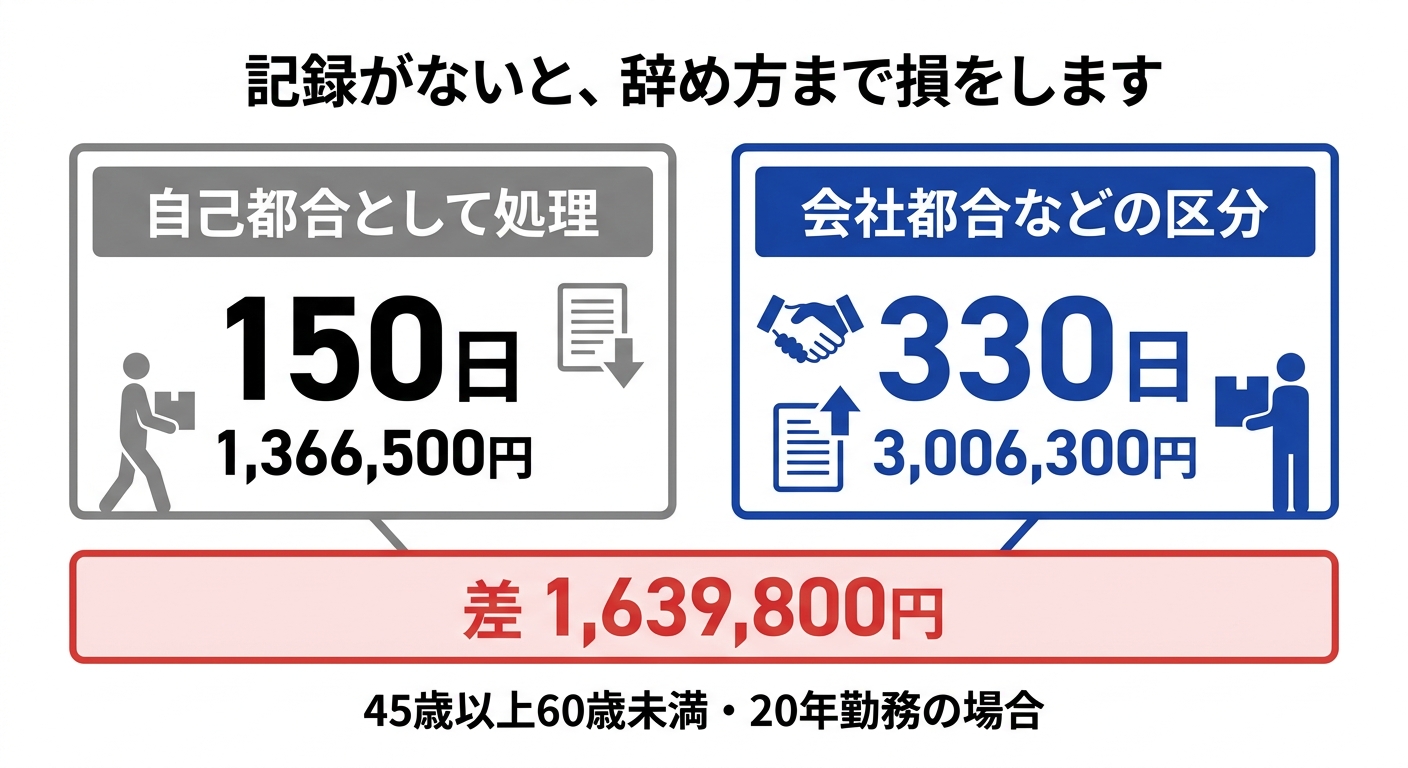 離職理由が変わると失業保険の給付日数が変わることを示した図解