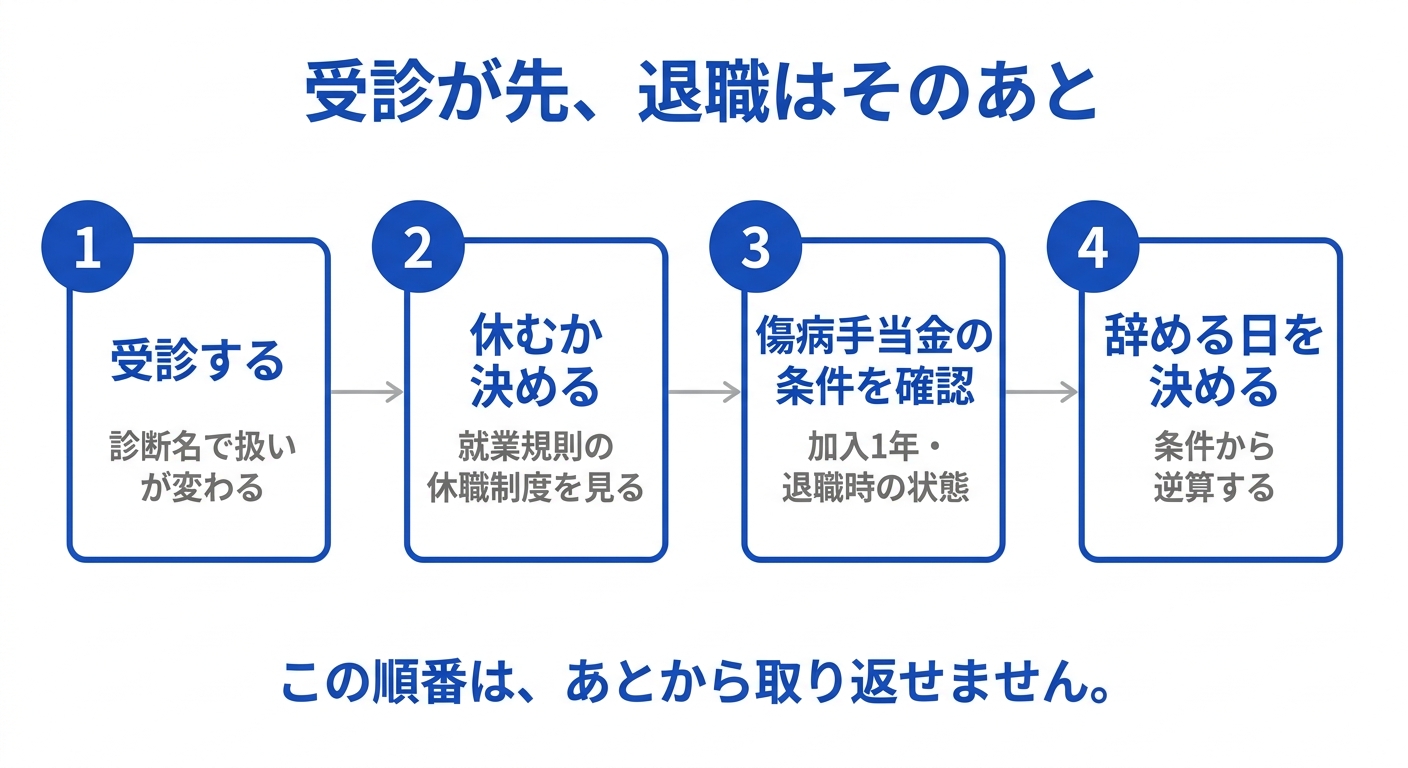 心身の不調で辞めるときの正しい順番を示した図解