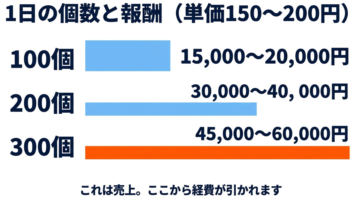 委託ドライバーの1日あたりの報酬を個数別に示した図解