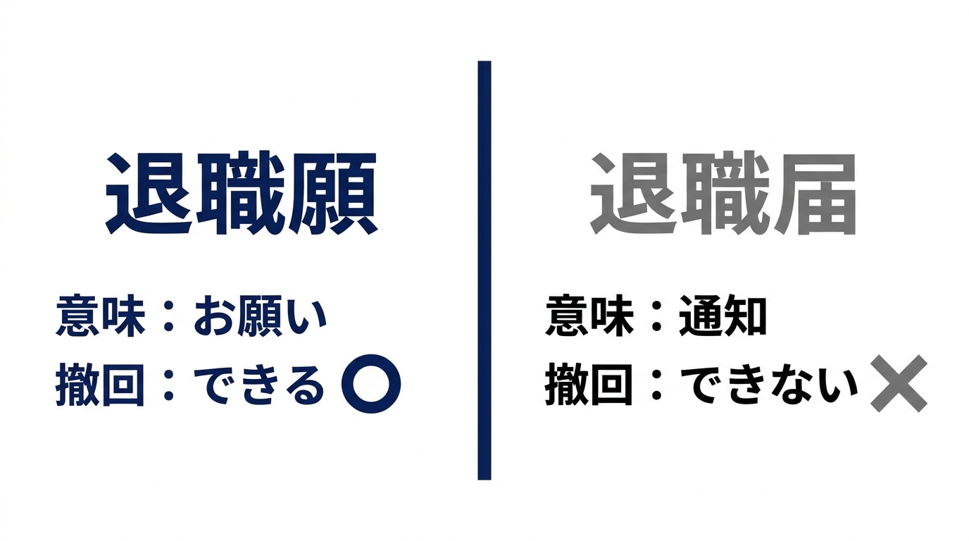 退職願は撤回できる申込みで退職届は撤回できない通知であることを示した比較図