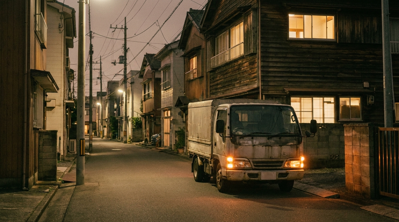 お盆の夜、人通りのない住宅街を走る配送トラック