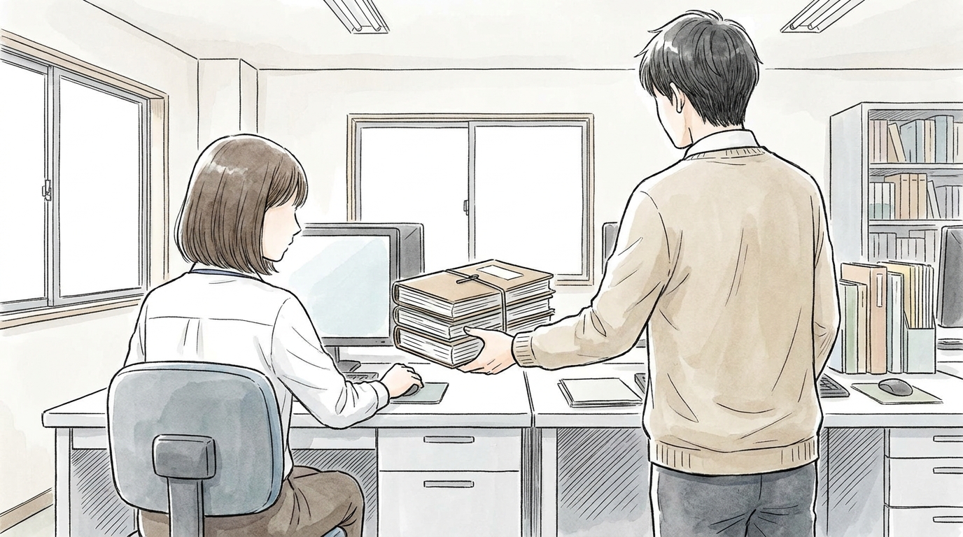 引き継ぎ資料の束を同僚に手渡している場面のイラスト