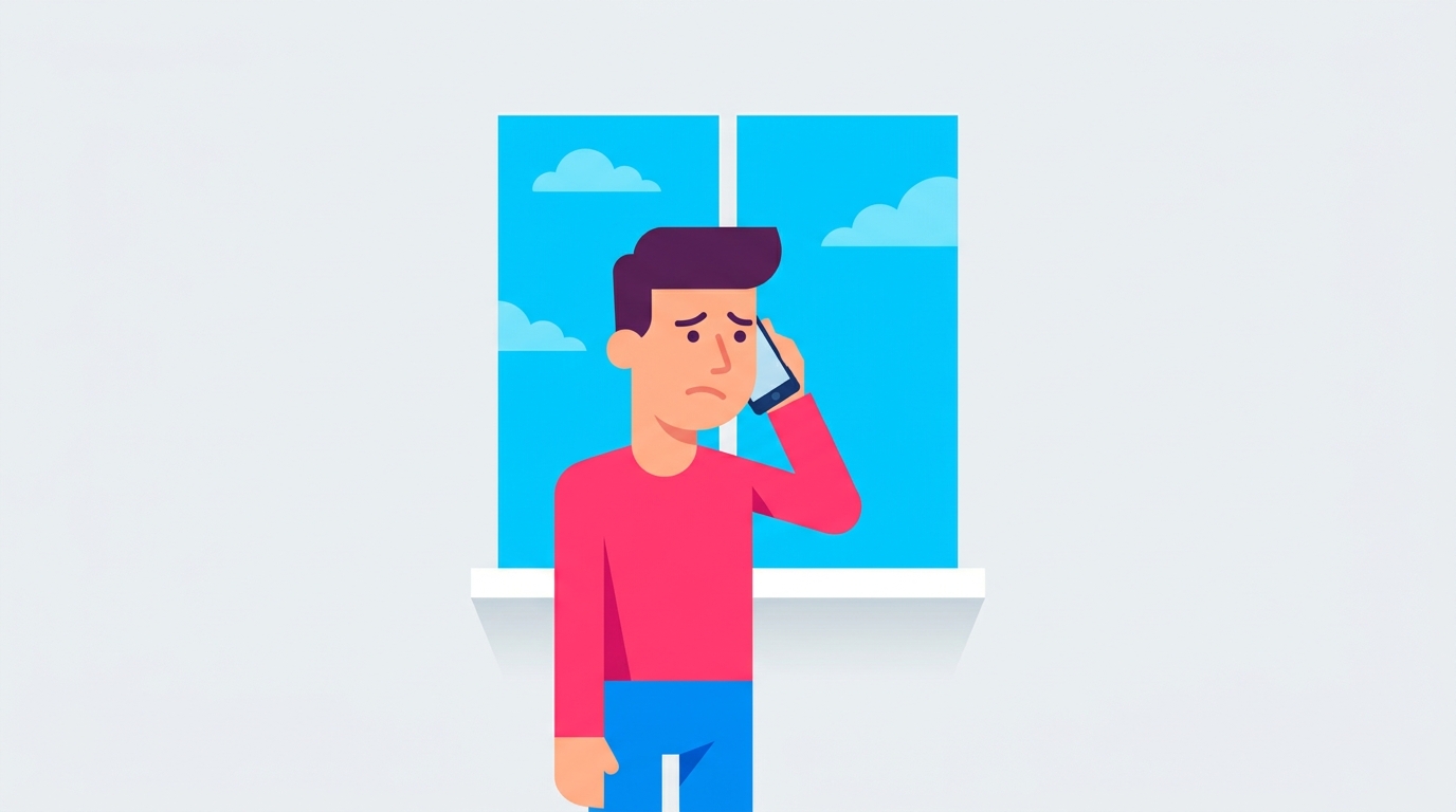 窓辺でスマートフォンを耳に当てているが返事が来ない様子の人