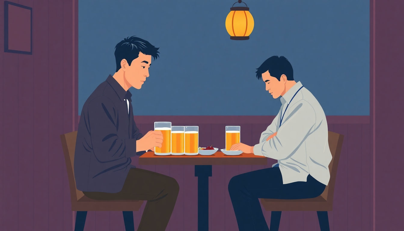居酒屋で向かい合って静かに話す2人の様子
