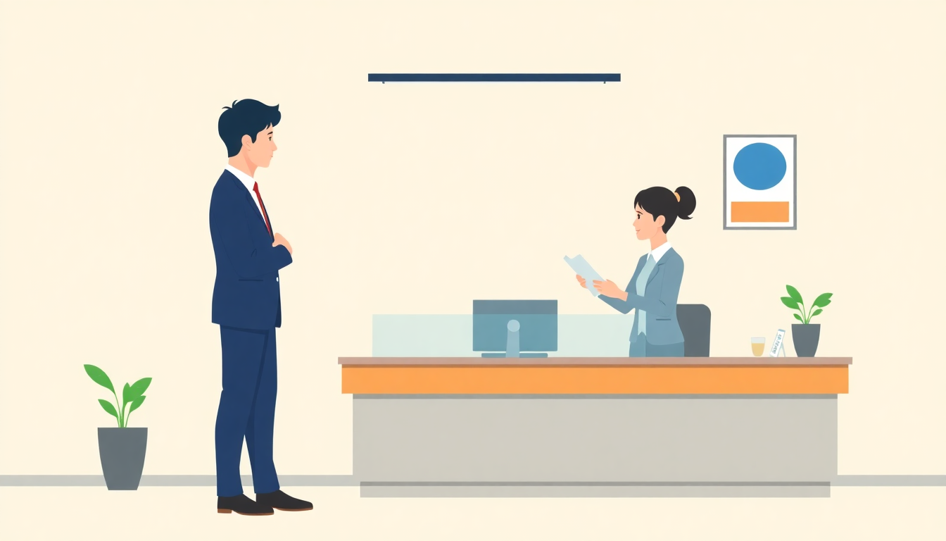 会社の窓口で退職の書類を受け取っている様子