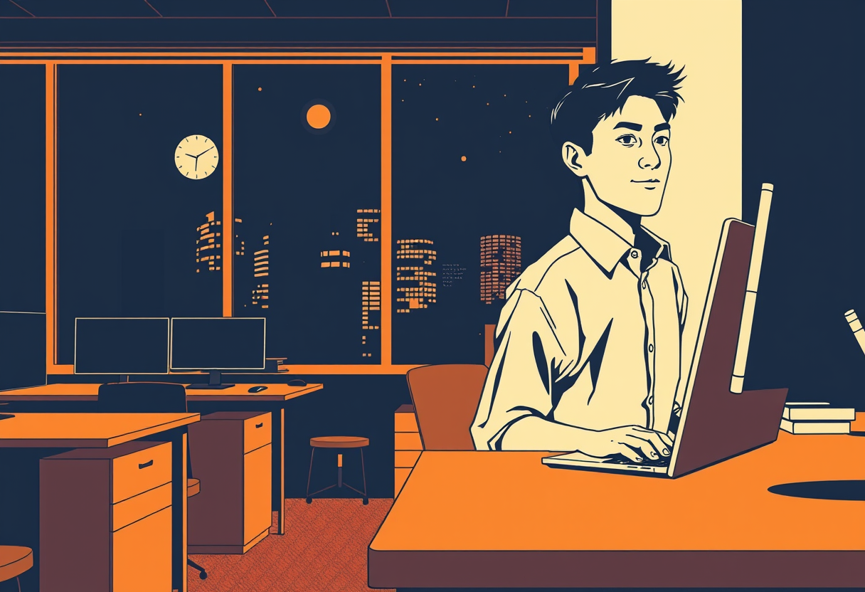 深夜のオフィスで一人だけ残って作業している様子