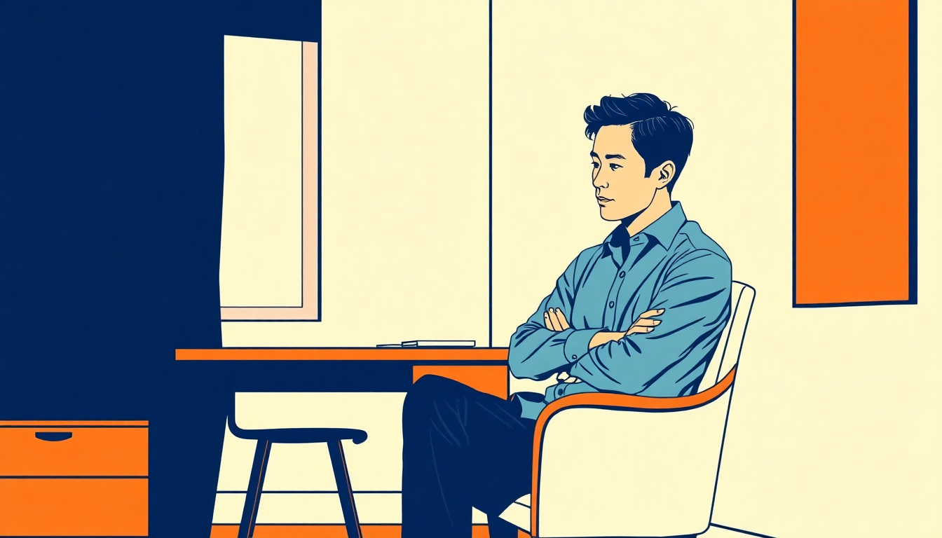 席に座ったまま腕を組んで考え込んでいる様子