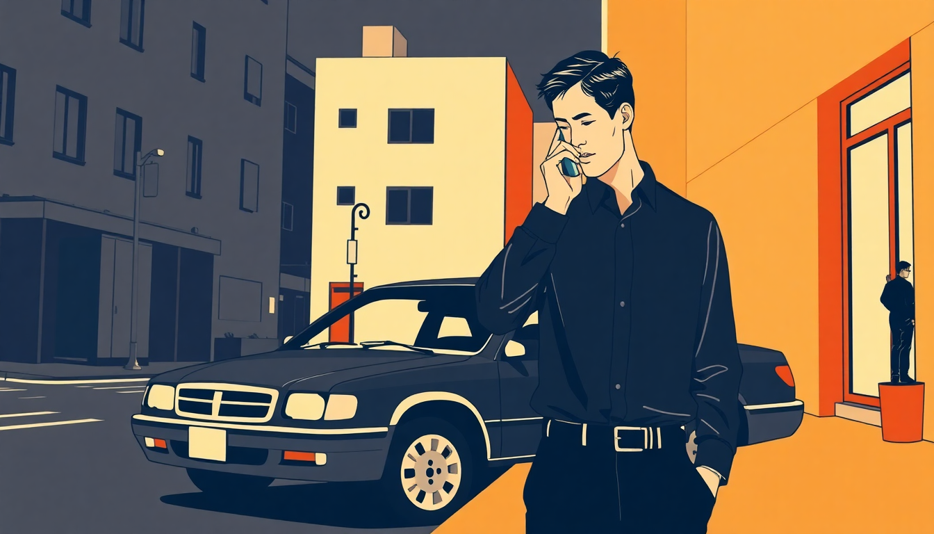 外回りの途中で車内から連絡を受けている様子