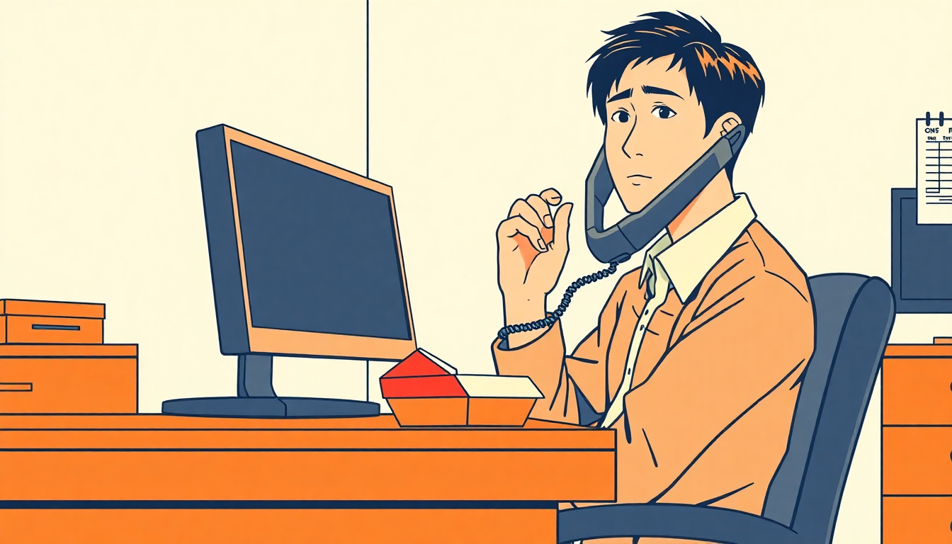 昼休みに電話を取りながら弁当を前にしている様子