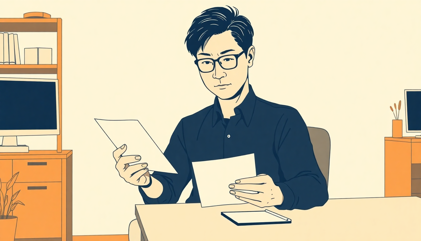健康診断の結果票を手にして考え込んでいる様子