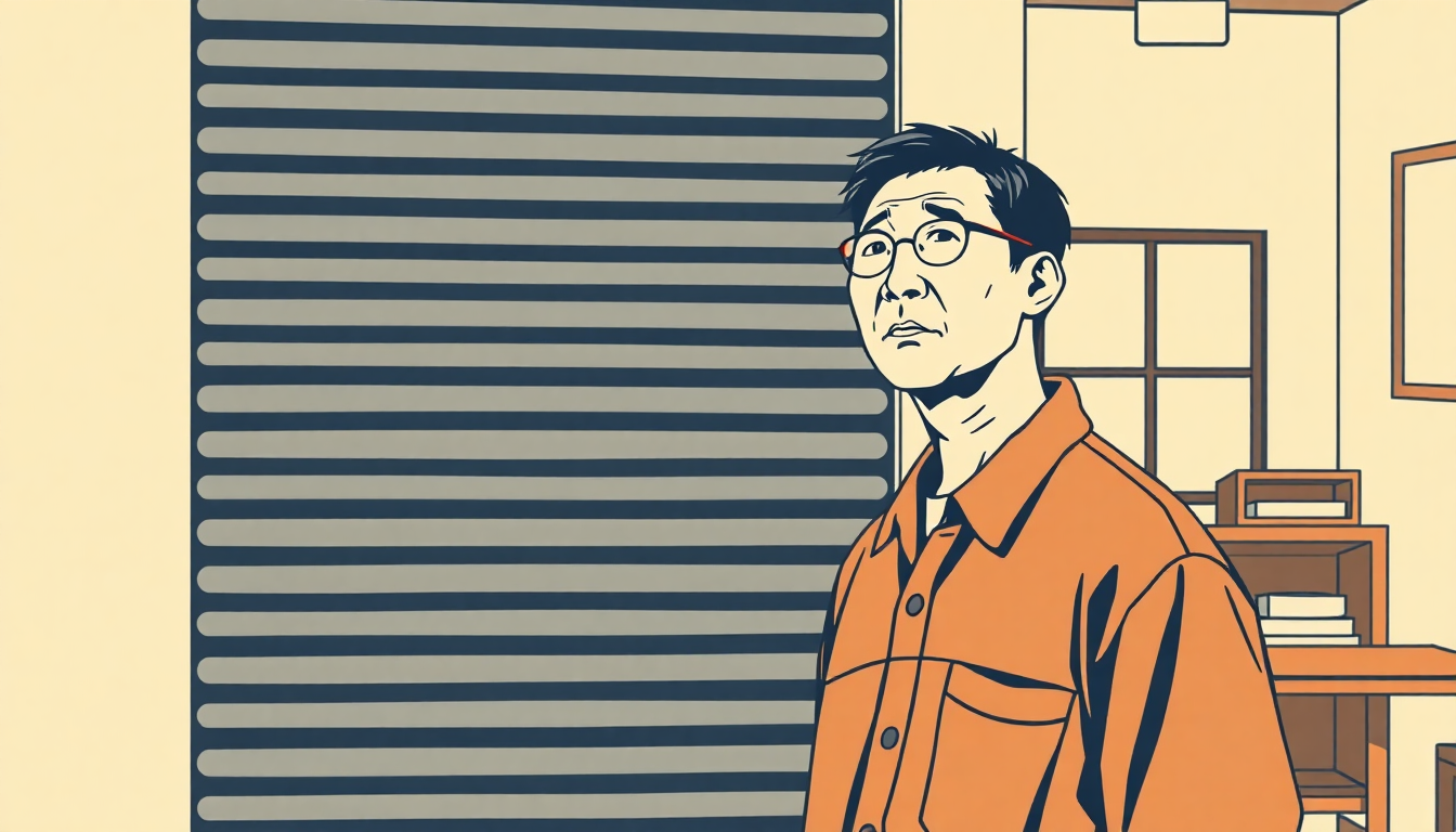 閉じたシャッターの前で立ち尽くしている様子