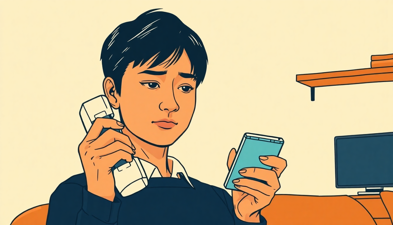 退職後にかかってきた電話の着信画面を見ている様子