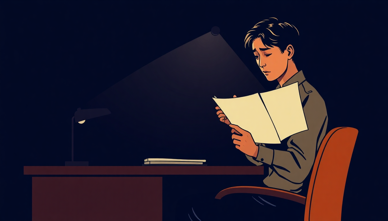 深夜のオフィスで協定の書面を確認している様子